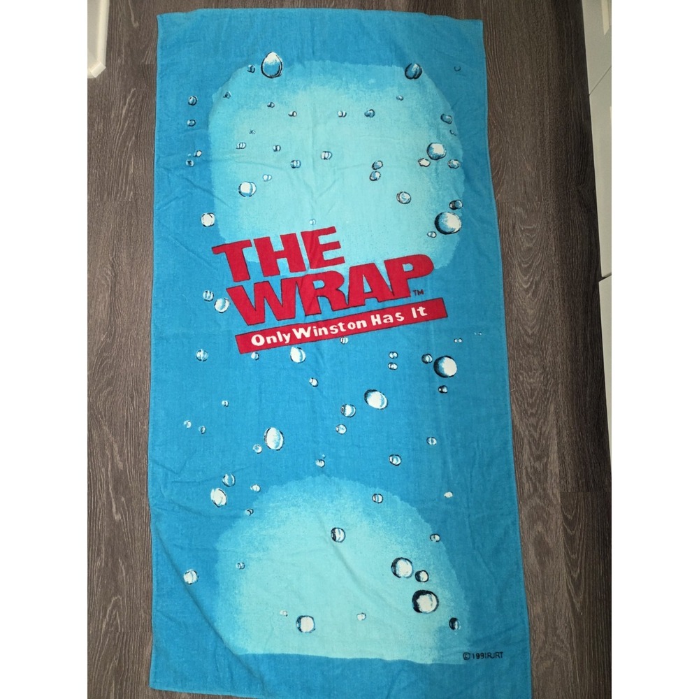 Vintage 1991 Winston 'The Wrap Only Winston Has It' Blue & White Beach Towel